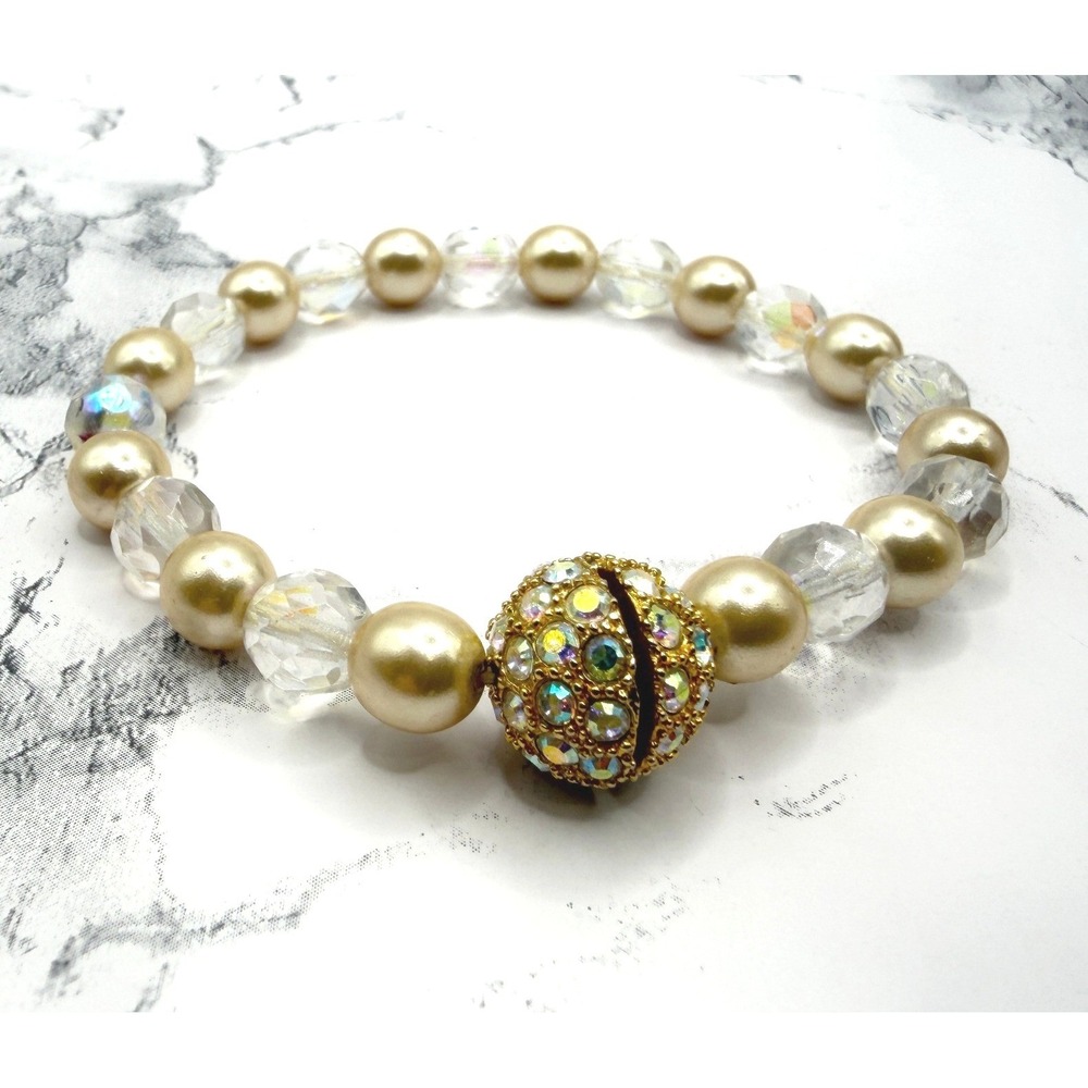 Vintage Gold Pearl Glass Bead‎ Stretch Bracelet Rhinestone Disco Ball 8" 70s